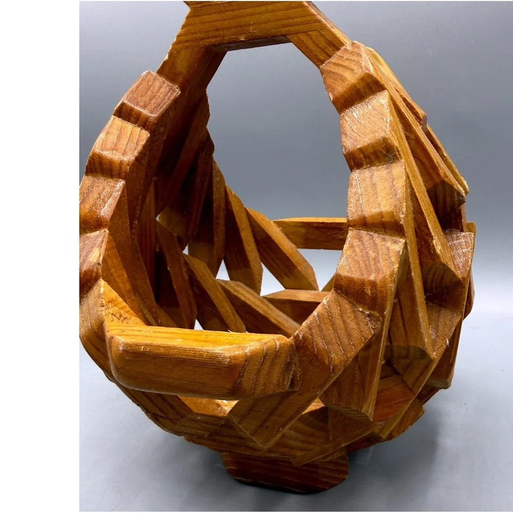 Vintage Folk Art Geometric Interlocking Wood Planter Basket MCM Handle Brown 9in
